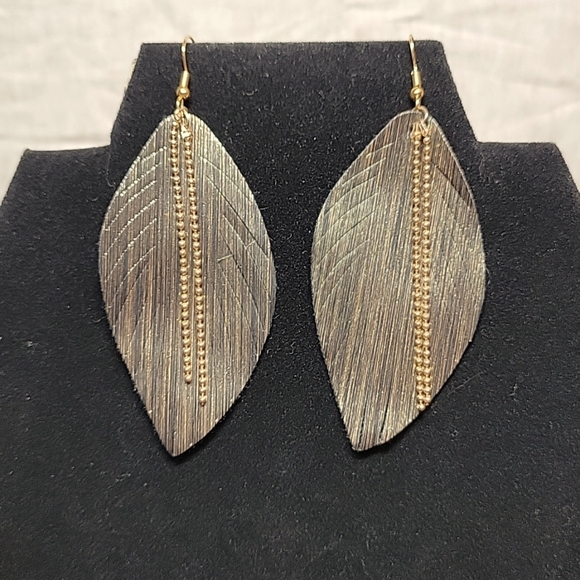 Gold and Black Feather Shaped Dangle Earrings with Embellishment - Picture 1 of 3